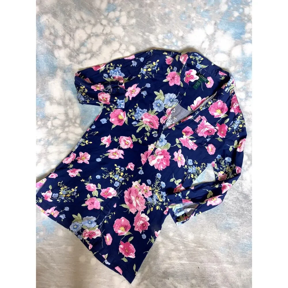 RALPH LAUREN Sleep Dress Floral Print Blue XS Night Gown Shirt PREPPY LOUNGEWEAR